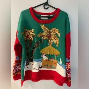 Merry & Bright Festive Green and Red Holiday Sweater Santa off Duty size 1X